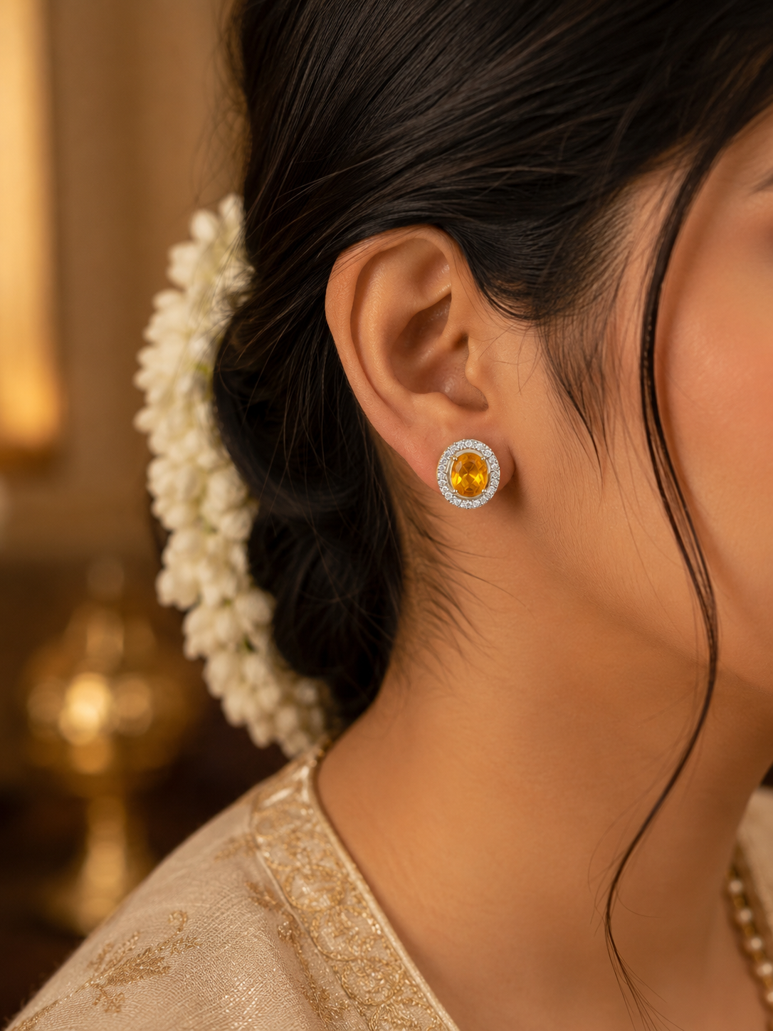 Fancy Designer Ear Studs with Yellow Halo for Women (BR120)
