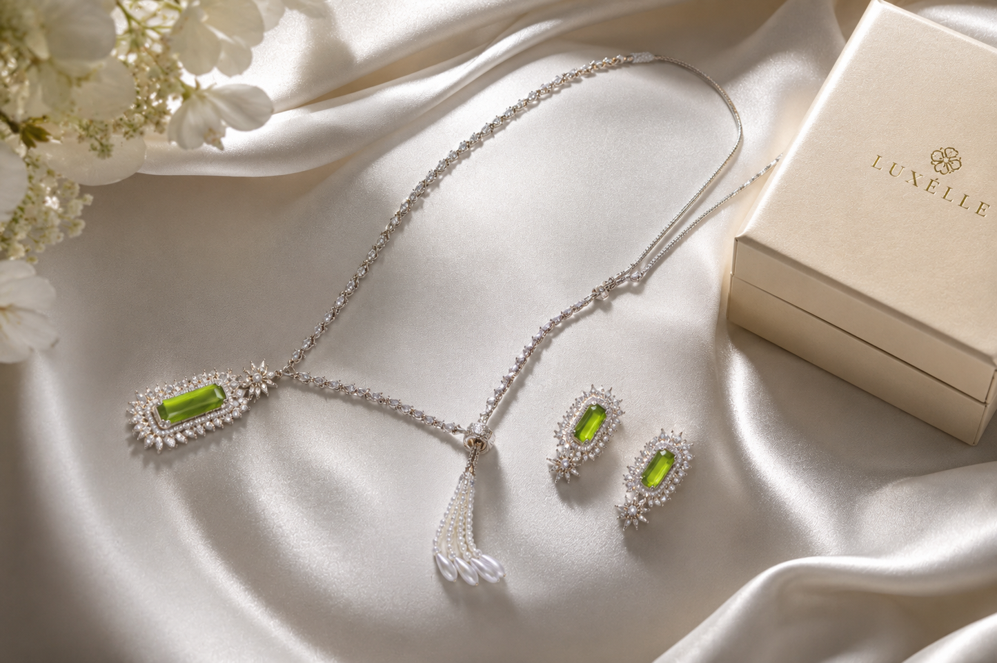 Luxury Green CZ Pendant Necklace Set with Matching Earrings for Women