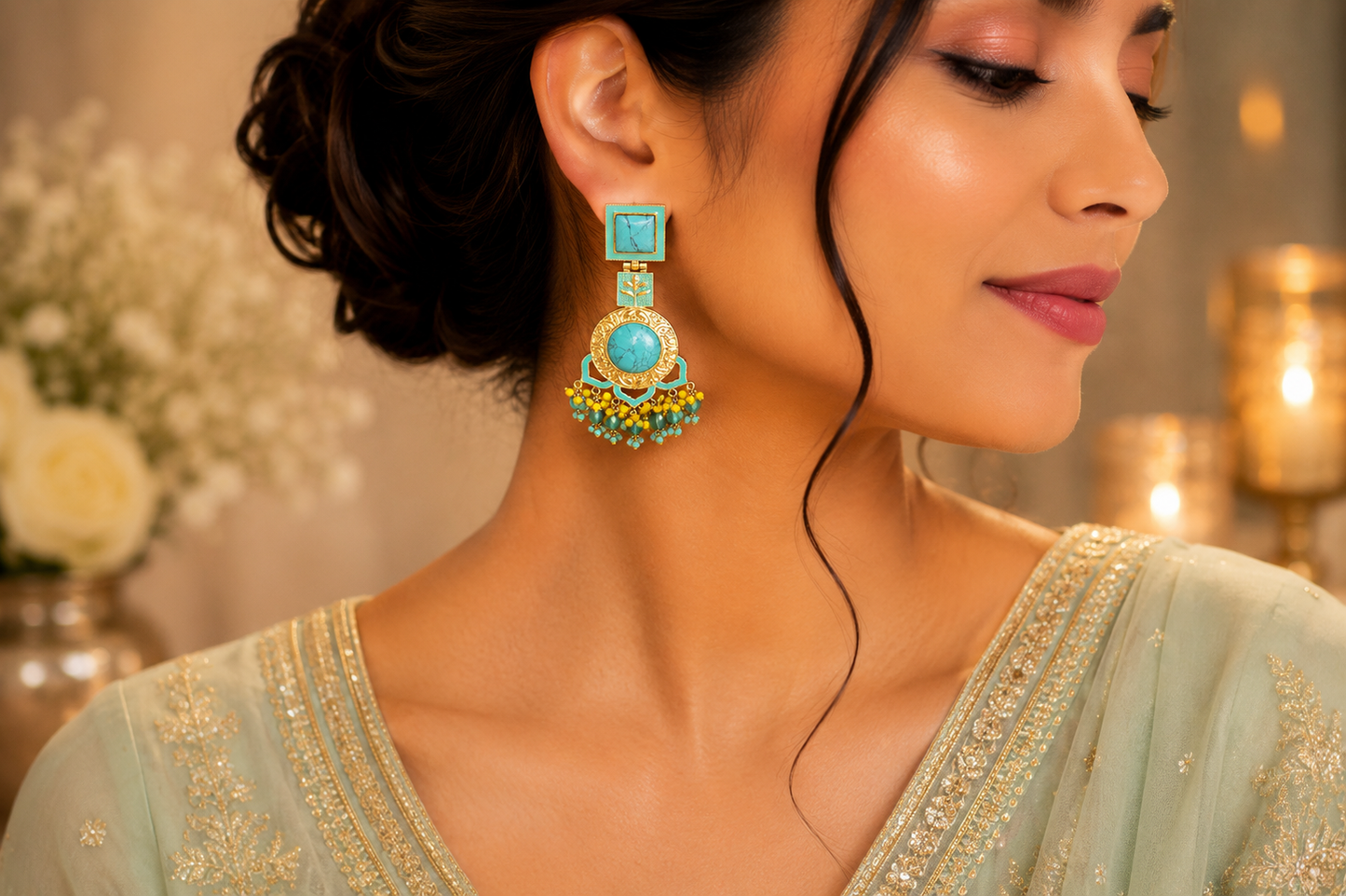 Blue Statement Drop Earrings | Boho Gold-Tone Dangle Earrings for Women (BR250)