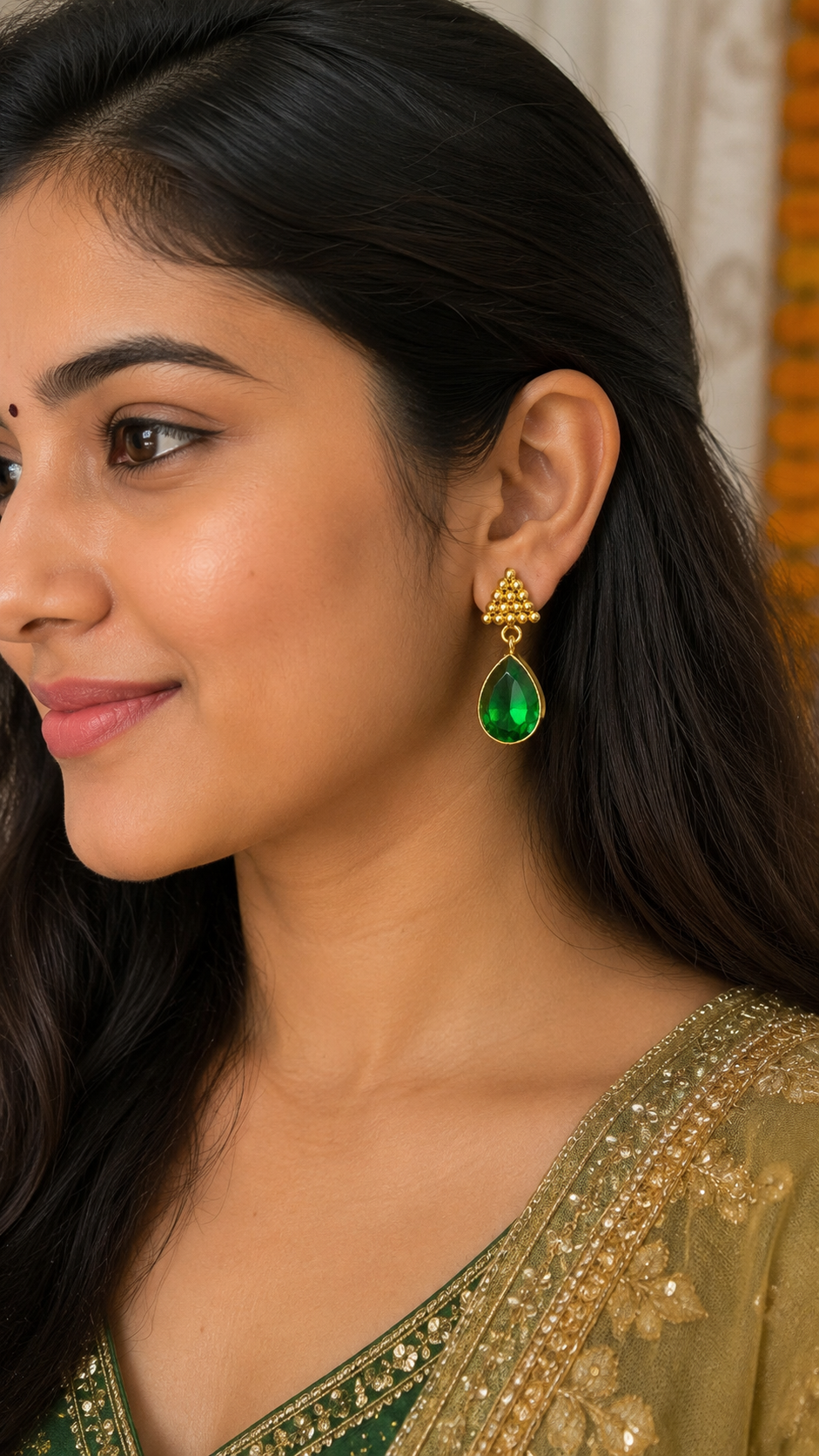 Luxury Green Teardrop Ear Hanging Earrings for Women | Gold Plated Designer Drop Earrings (BR150)