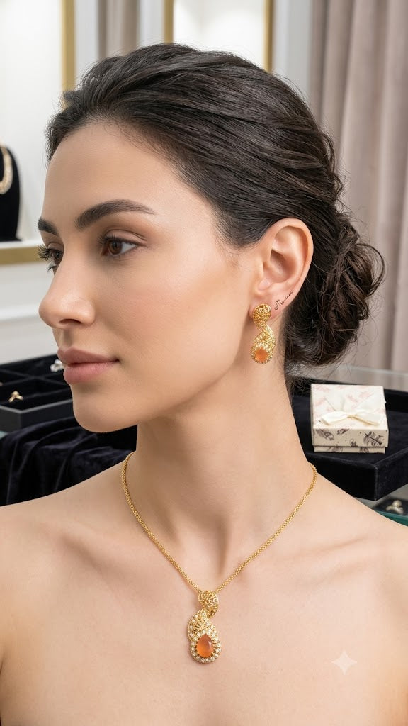 Luxury Gold-Tone Pendant Necklace & Drop Earrings Jewelry Set BR250)