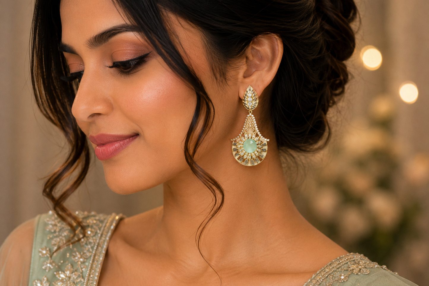 Gold-Tone Filigree Statement Drop Earrings with Mint Green Accent | Elegant Fashion Jewelry (BR250)
