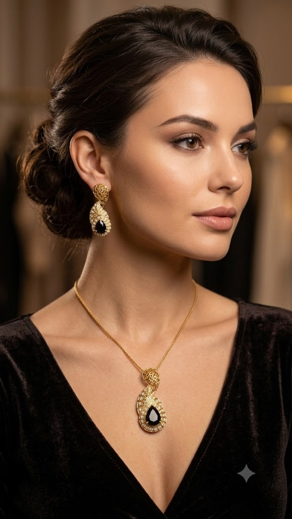Luxury Black Stone Gold-Plated Pendant Set | Designer Jewelry for Women (BR250)