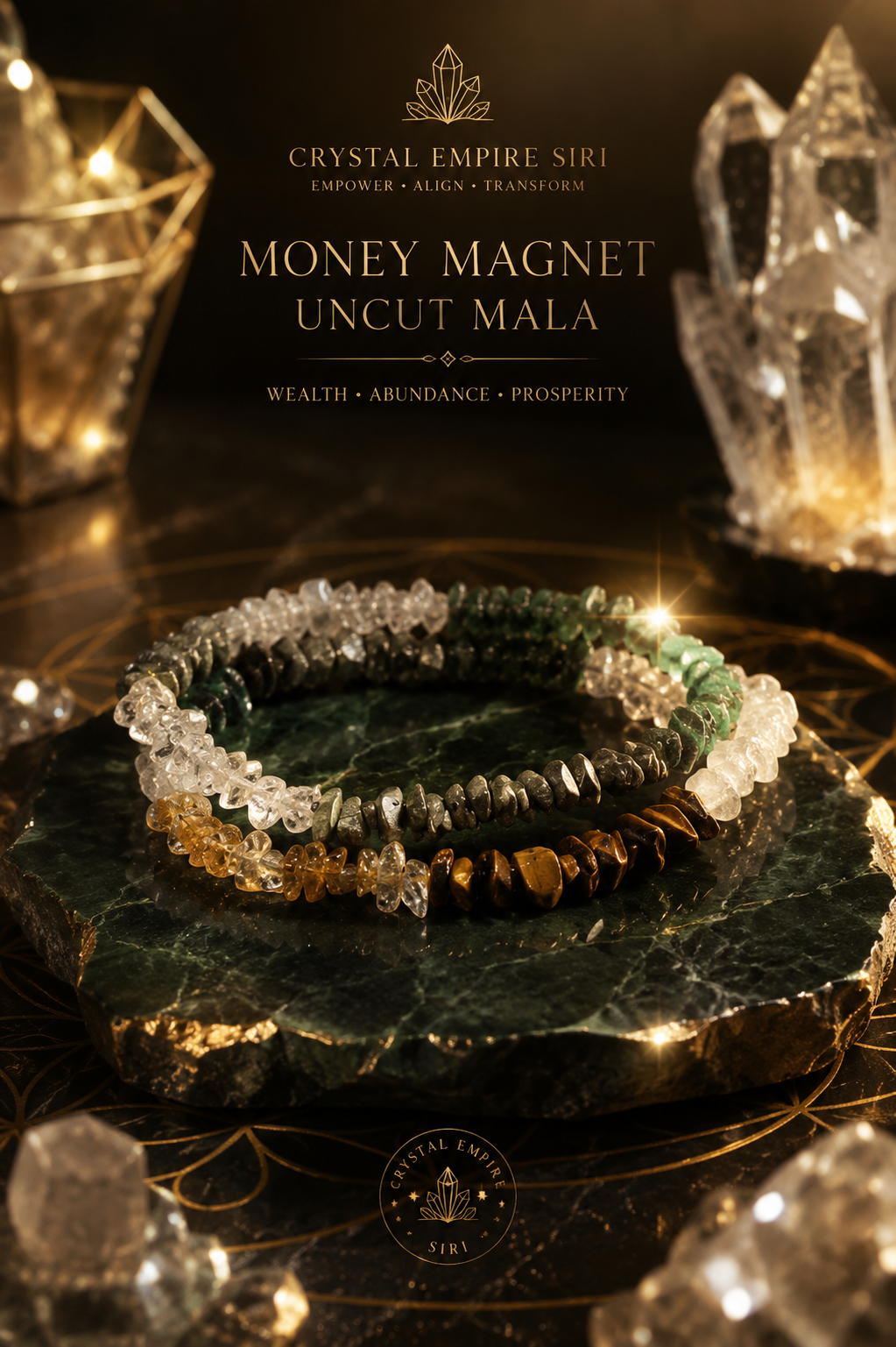 Money Magnet Uncut Crystal Mala 35 Inches for Wealth & Prosperity