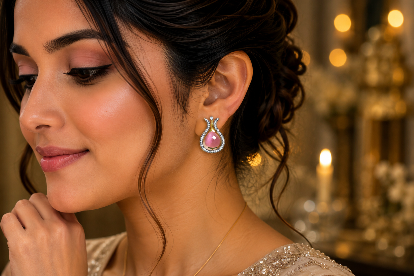 Pink Teardrop Designer Earrings | Luxury Gold Plated Fashion Jewelry