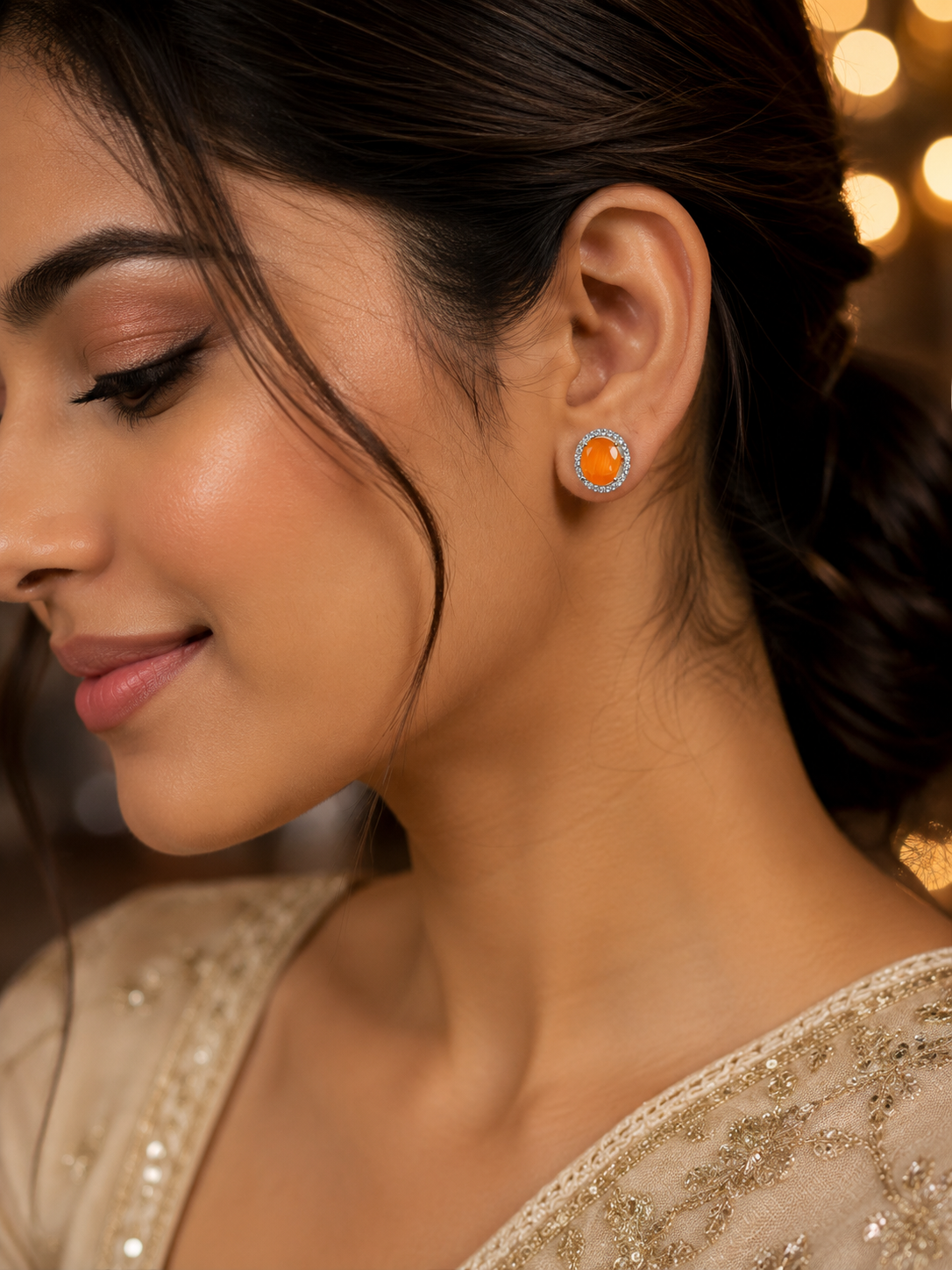 Fancy Designer Orange Ear Studs for Women | Elegant Fashion Jewelry (BR120)