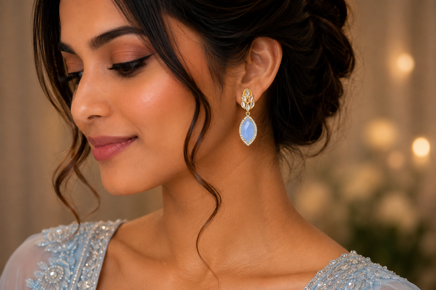 Blue Marquise Drop Earrings | Elegant Gold Finish Fashion Jewelry (BR250)