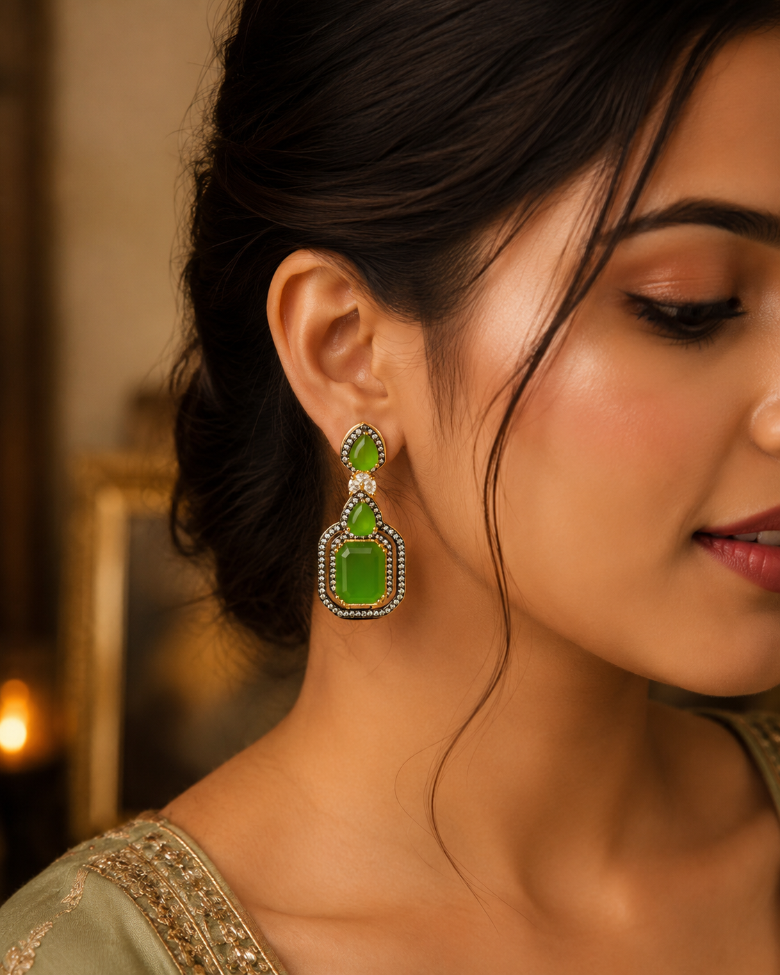 Luxury Green Enamel Statement Drop Earrings for Women Party Wear (BR300)