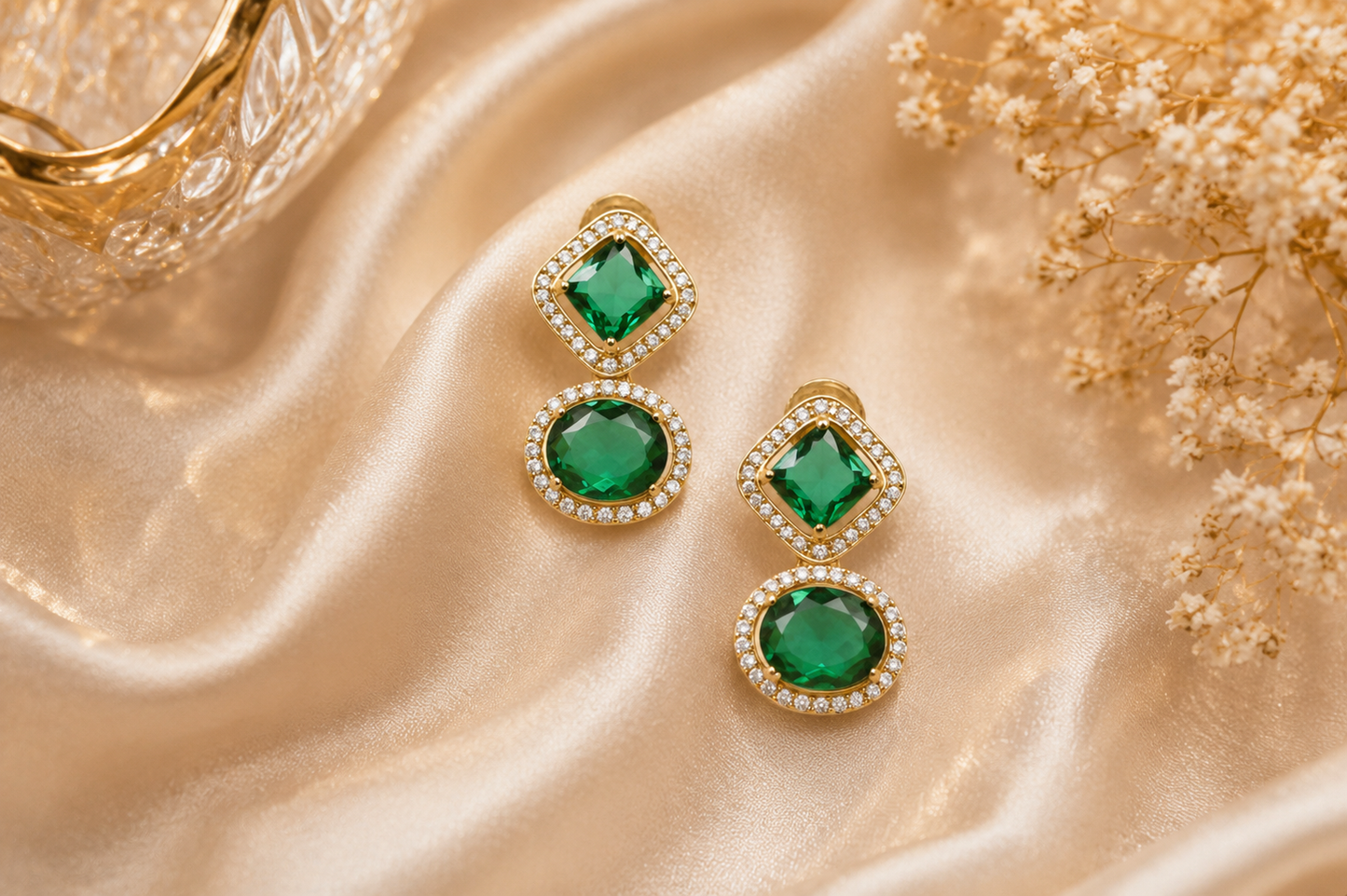 Luxury Green Stone Gold-Plated Drop Earrings for Women | Elegant (BR250)