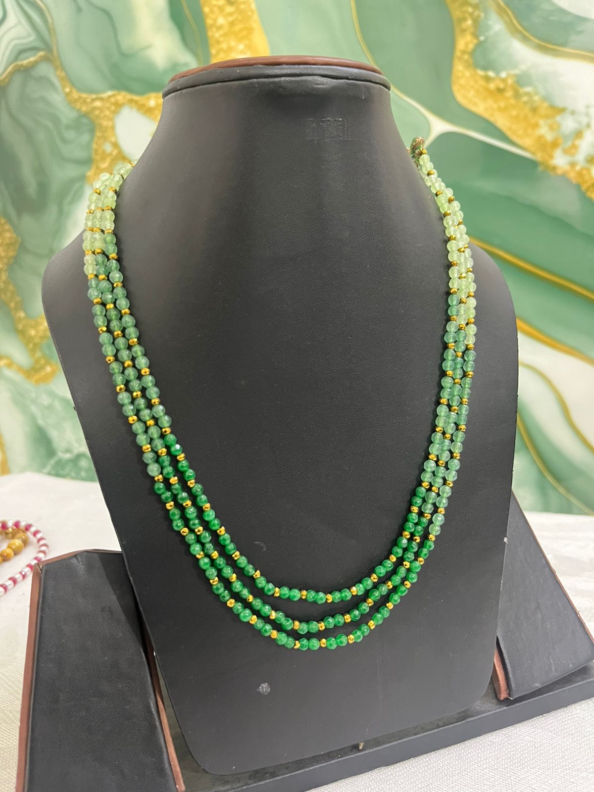 Green Ombre Jade Multi-Layer Beaded Necklace with Gold Accents