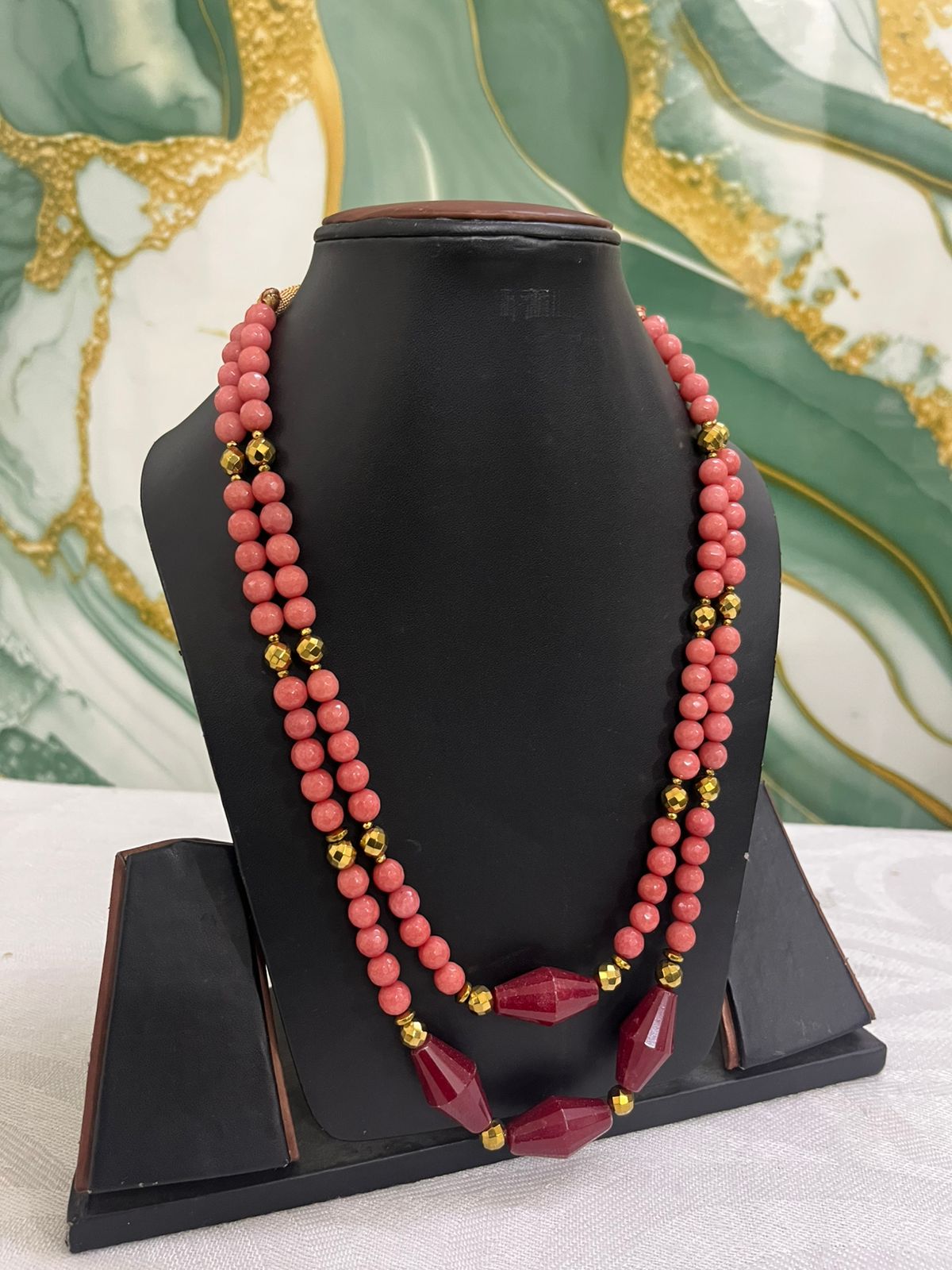 Pink Double-Strand Beaded Statement Necklace with Gold-Tone Accents