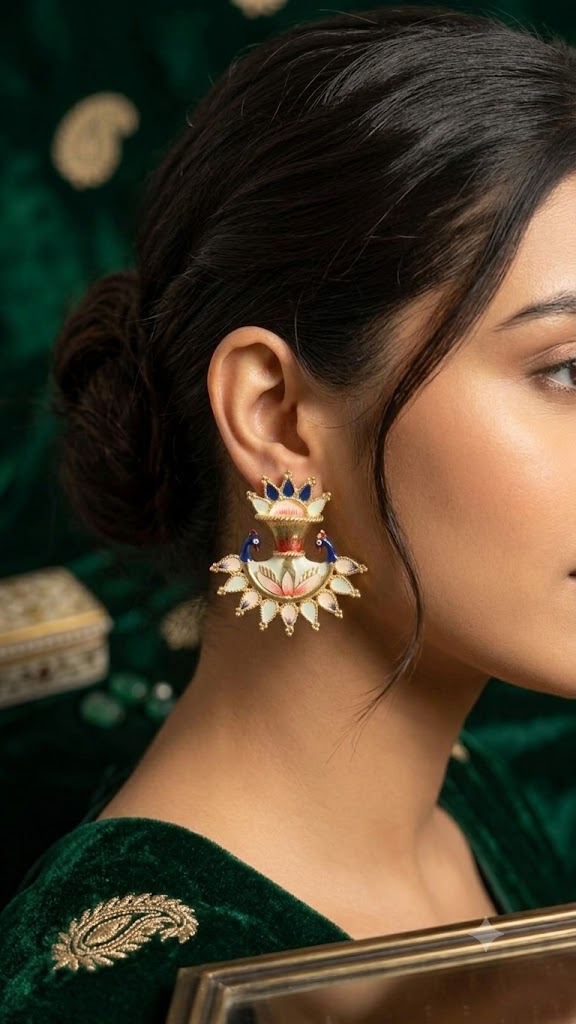 Handcrafted Peacock Lotus Enamel Earrings | Royal Designer Jewelry (BR150)