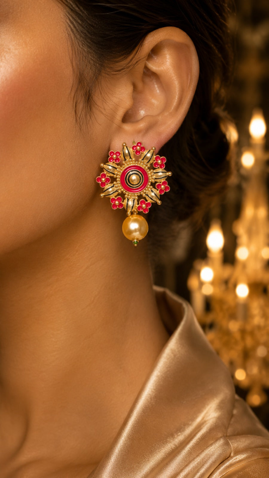Traditional Floral Statement Earrings with Pearl Drop for Women (BR150)