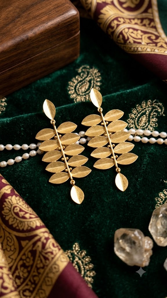 Leaf Pattern Gold Tone Dangle Earrings for Women | Elegant Jewelry (BR150)