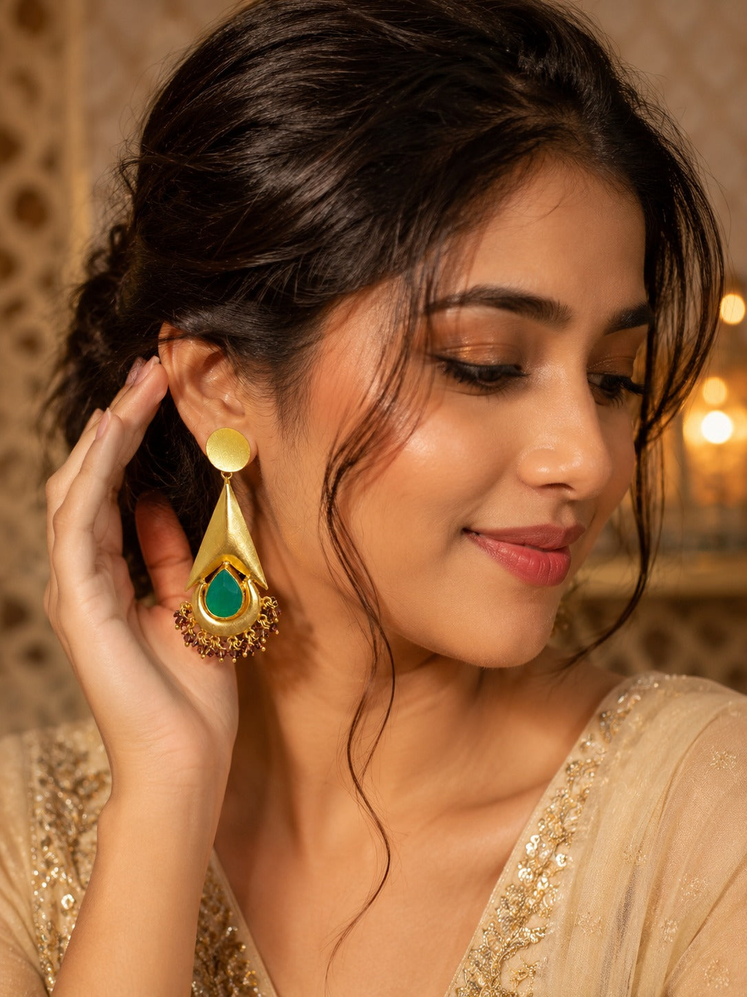 Luxury Green Drop Ear Hanging Earrings for Women | Gold-Tone Designer Statement Jewelry (BR150)