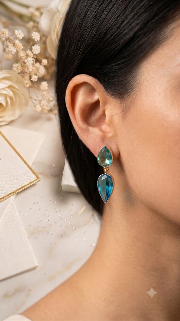 Luxury Blue Teardrop Drop Earrings for Women | Gold Tone Fashion Jewelry (BR150)