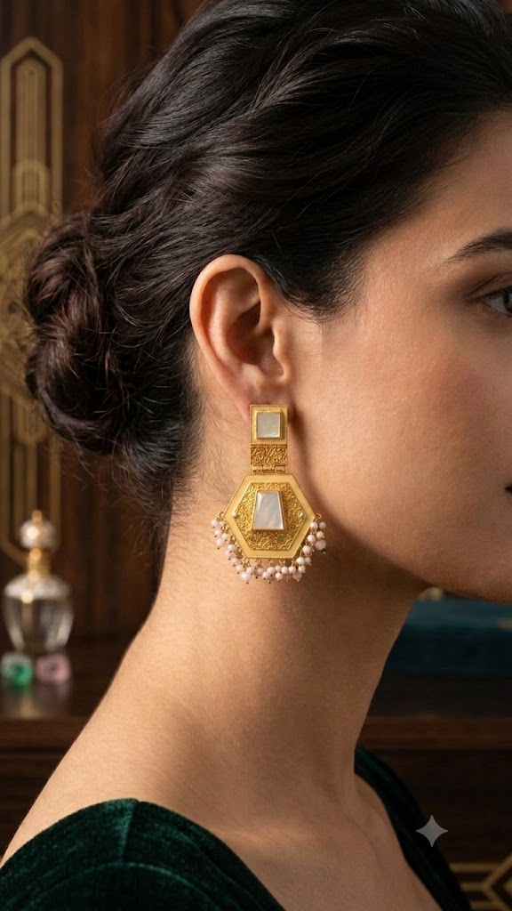 Luxury Gold-Tone Hexagon Pearl Drop Earrings for Women | Siri's (BR300)