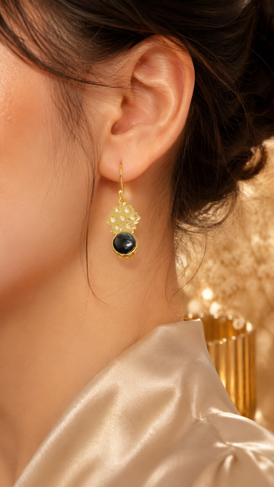 Black Stone Gold-Plated Floral Drop Earrings for Women & Girls (BR150)