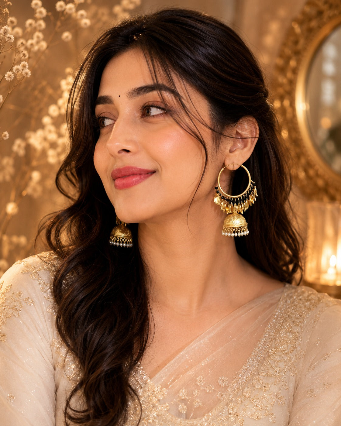Gold-Tone Hoop Jhumka Earrings with Black Beads & Pearl Accents (BR300)
