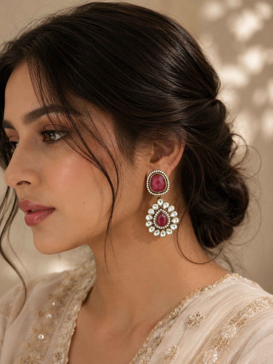 Luxury Ruby Red Kundan Drop Earrings for Women | Bridal & Festive Jewelry (BR300)