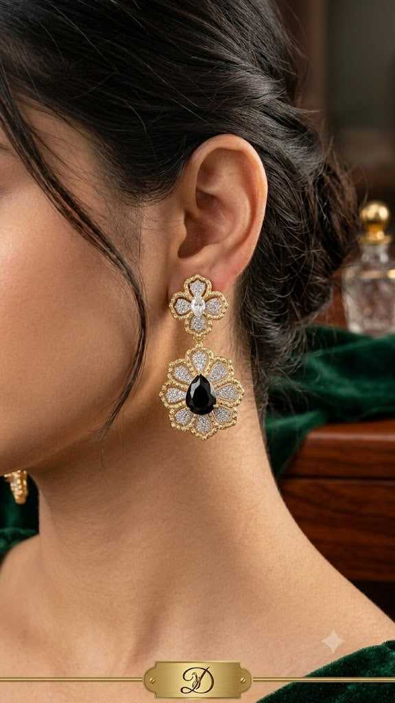 Luxury Gold-Tone Floral Drop Earrings with Black Enamel Accent (BR300)