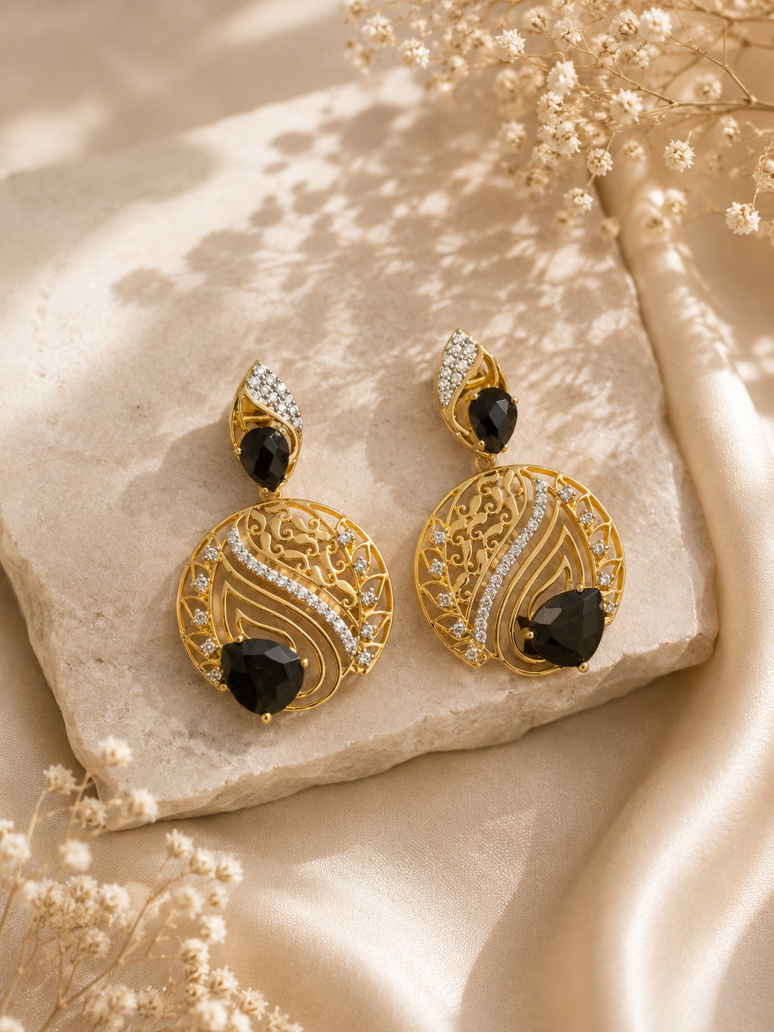Luxury Gold-Tone Black Stone Statement Drop Earrings for Women (BR300)
