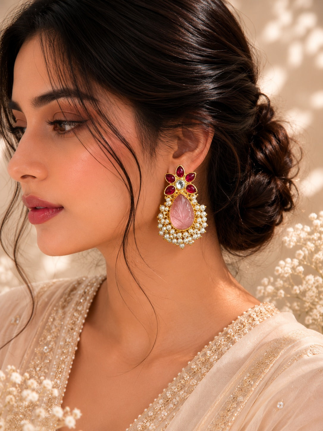 Luxury Gold-Tone Pearl Drop Earrings with Pink Enamel Design (BR300)