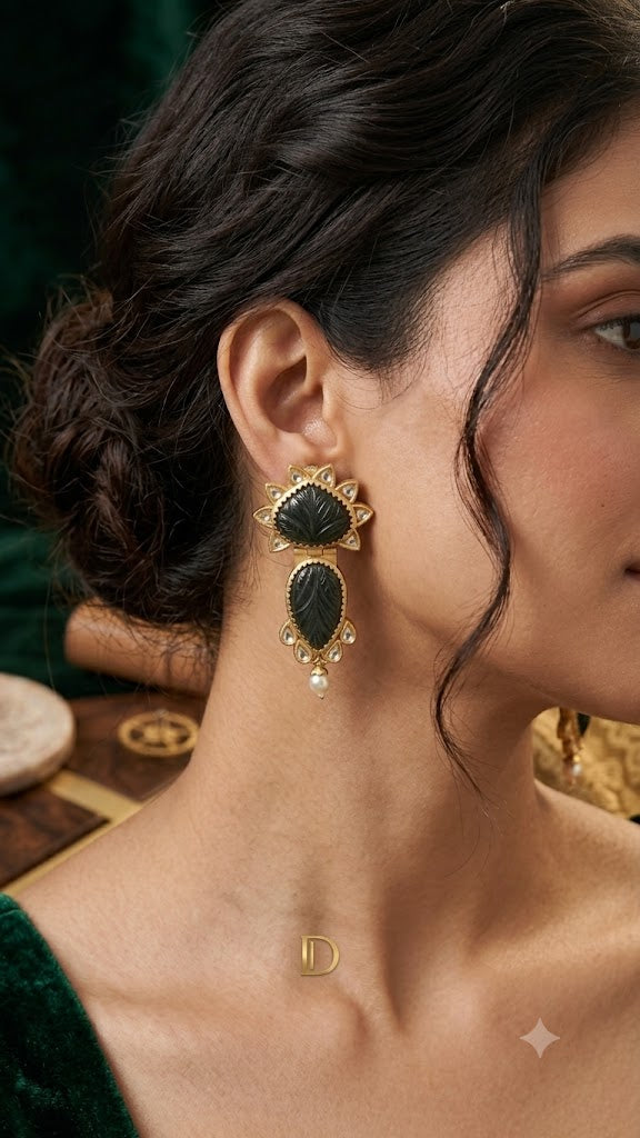 Vintage Gold-Tone Leaf Motif Statement Drop Earrings for Women (BR300)