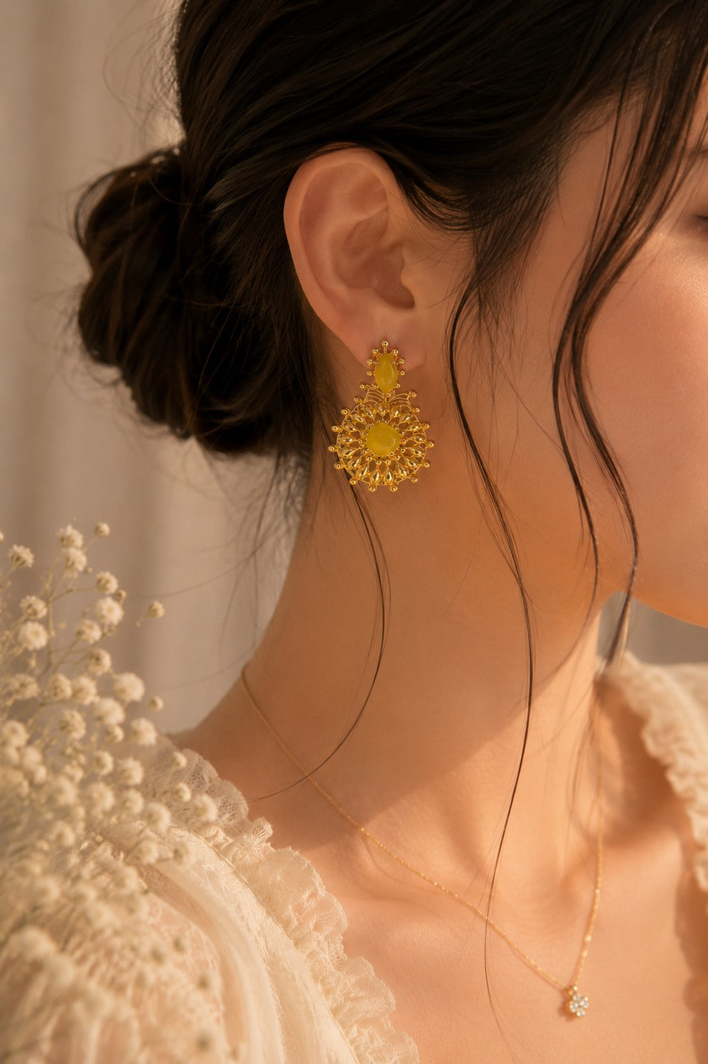 Yellow Enamel Gold-Tone Filigree Drop Earrings for Women Stylish (BR300)