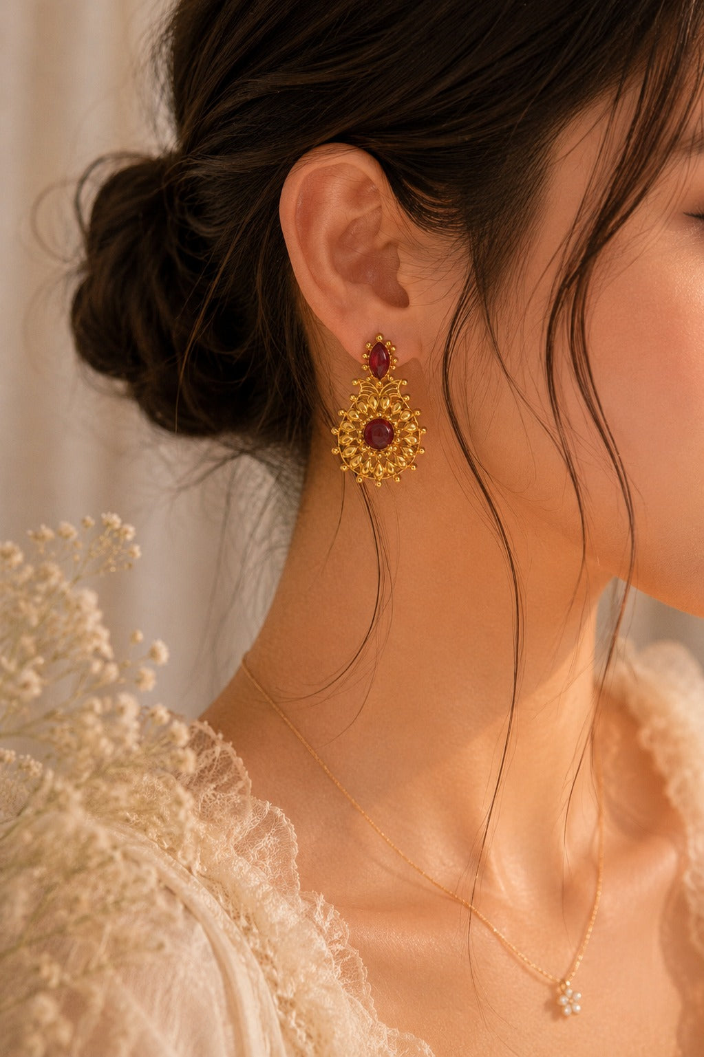 Royal Gold-Plated Red Stone Designer Dangle Earrings for Women (BR300)