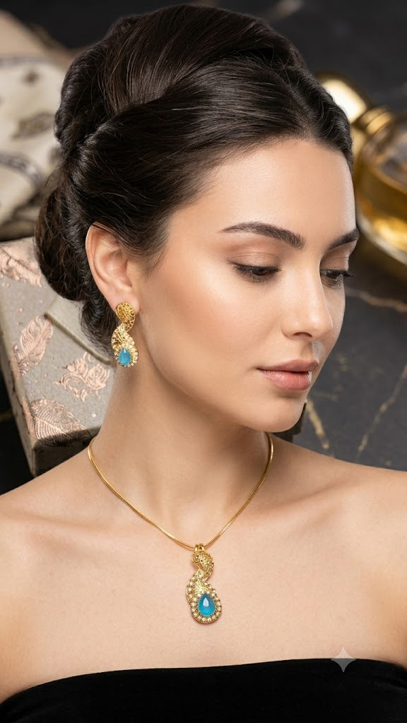 Elegant Gold-Plated Blue Teardrop Pendant & Earrings Jewelry Set (BR250)