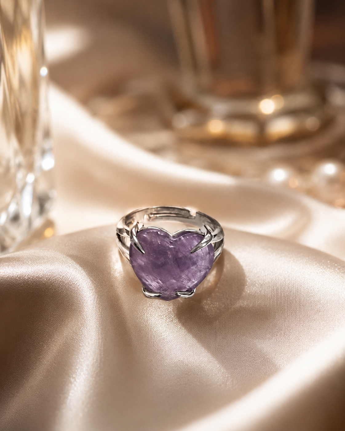 Amethyst Heart Adjustable Ring | Natural Crystal Healing Jewelry