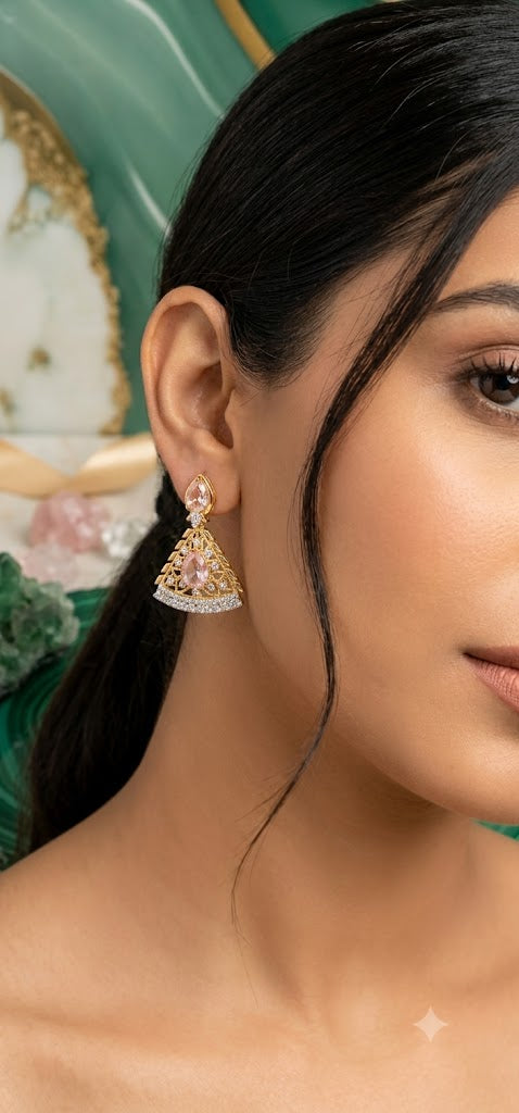 Luxury Gold-Plated Pink Stone Fan Drop Earrings for Women | Party Wear (BR250)