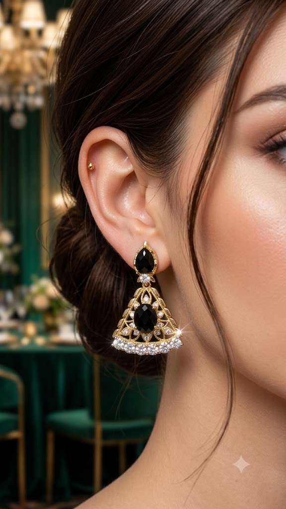 Black Stone Gold-Plated Designer Jhumka Earrings for Women | Party Wear (BR250)