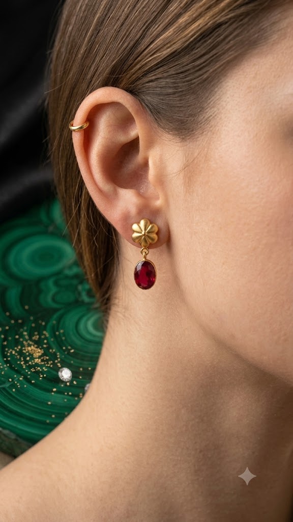 Gold Floral Drop Earrings with Ruby Red Stone | Elegant Fashion Jewelry (BR125)