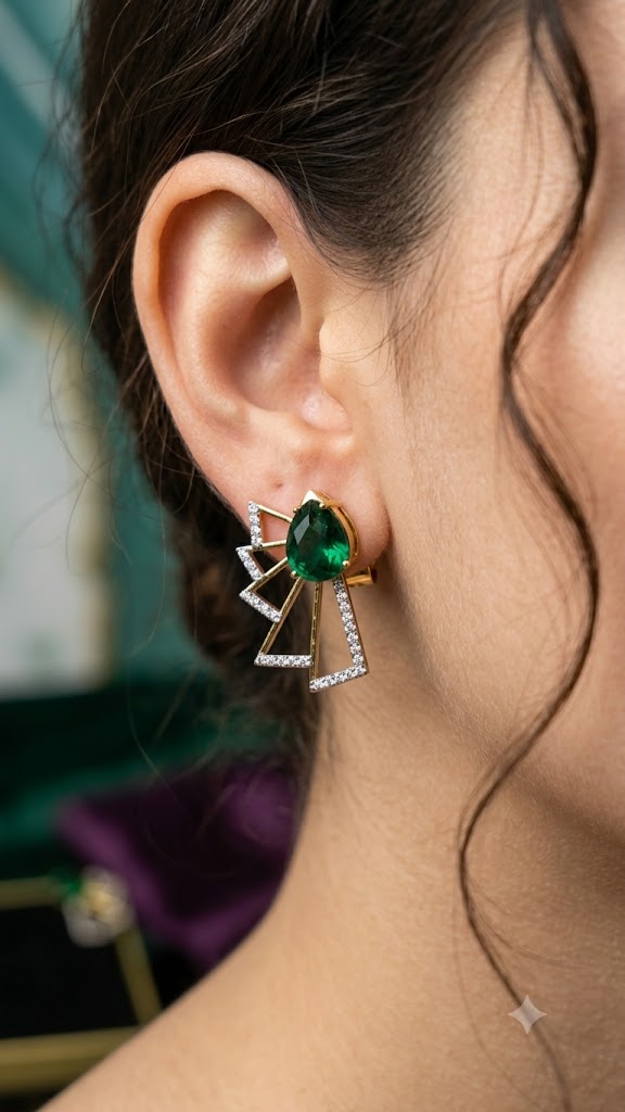 Luxury Green Teardrop Designer Earrings | Gold Plated Fashion Jewelry (BR250)