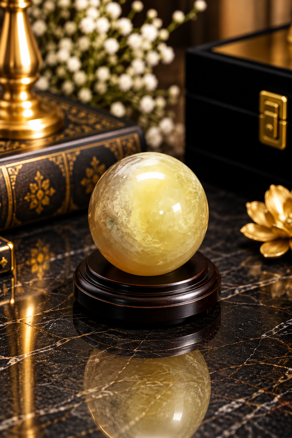 Natural Yellow Fluorite Crystal Ball | Polished Yellow Fluorite Sphere for Clarity, Focus & Positive Energy 28 Gram