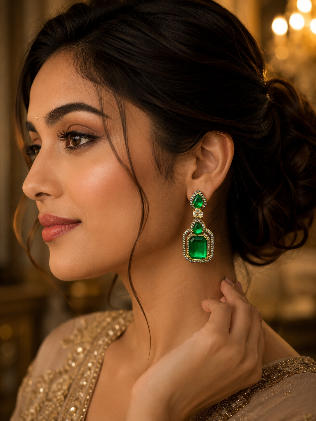 Luxury Emerald Green Statement Drop Earrings for Women Party Wear (BR300)
