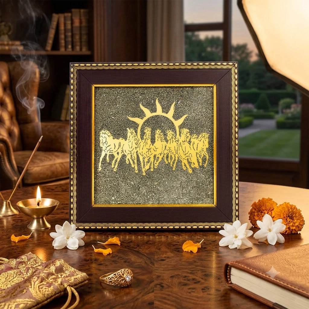 7 Horses on Raw Pyrite Frame for Wealth, Success & Vastu Decor