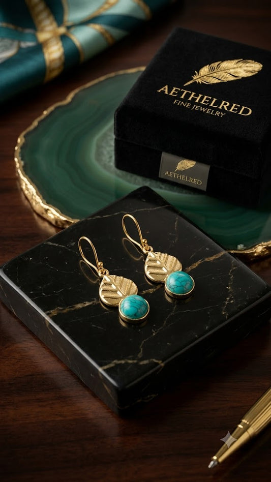 Gold Leaf Drop Earrings with Blue Bead | Elegant Fashion Jewelry (BR125)