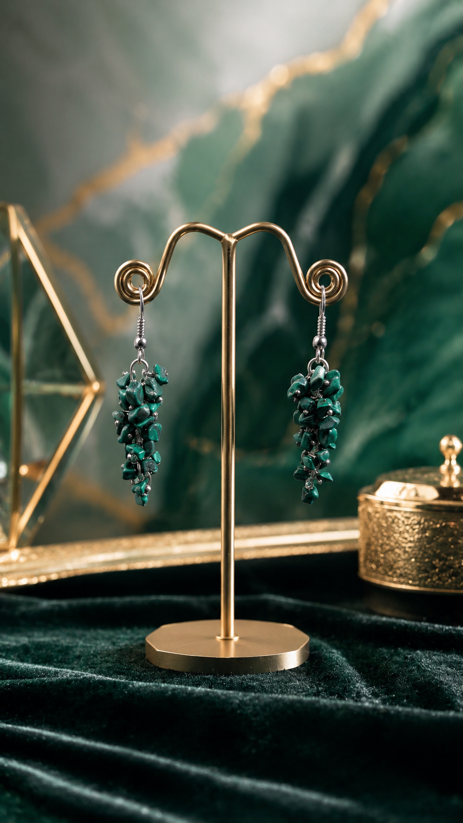Natural Malachite Chips Earrings | Handmade Crystal Dangle Earrings