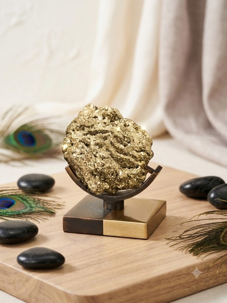 Golden Pyrite Crystal on Metal Stand – Natural Wealth & Prosperity Stone 116 Gram