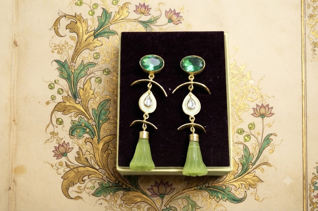 Green Floral Drop Earrings in Gold Tone | Elegant Statement Jewelry (BR250)