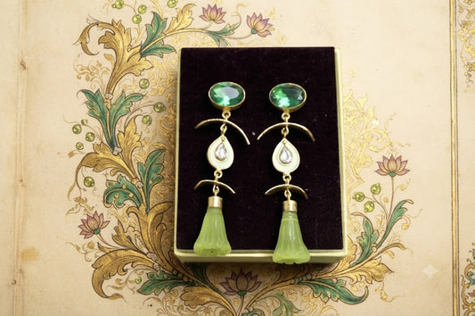 Green Floral Drop Earrings in Gold Tone | Elegant Statement Jewelry (BR250)