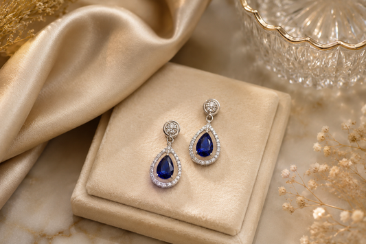Blue Teardrop CZ Drop Earrings – Elegant Silver Party Wear Earrings (BR250)