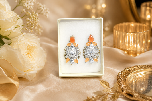 Floral Statement Earrings with Gold-Tone Filigree & Rhinestone Accents | Elegant Party Jewelry (BR250)