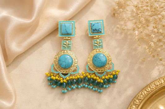 Blue Statement Drop Earrings | Boho Gold-Tone Dangle Earrings for Women (BR250)