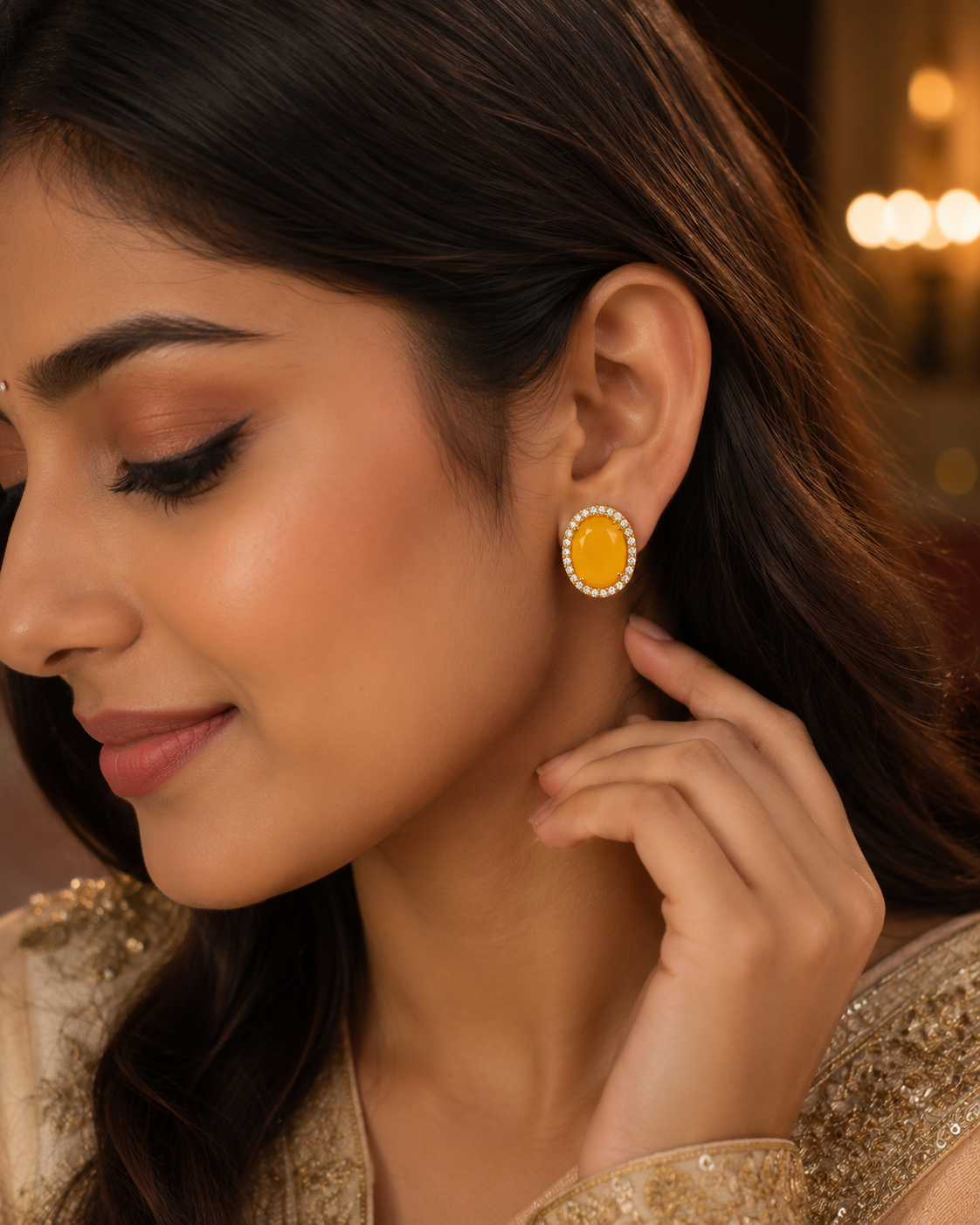 Fancy Designer Yellow Stone Ear Studs for Women | Elegant Party Wear Earrings (BR120)