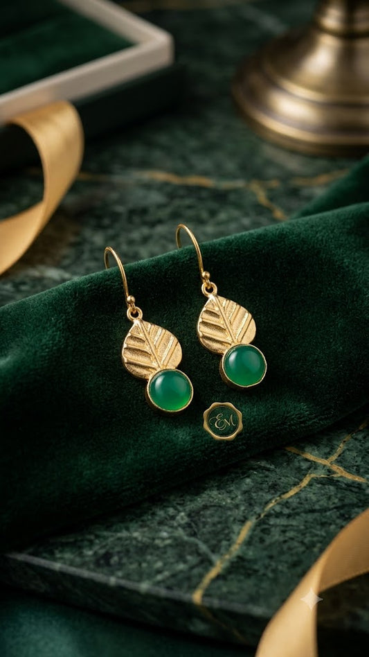 Gold Leaf Drop Earrings with Green Enamel | Elegant Fashion Jewelry (BR125)