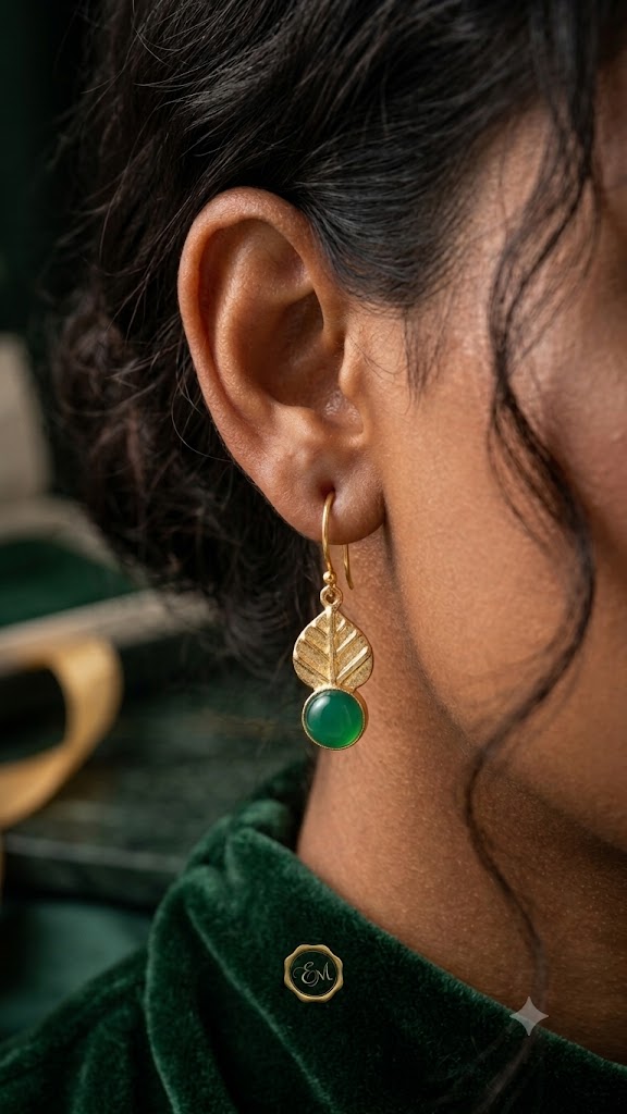 Gold Leaf Drop Earrings with Green Enamel | Elegant Fashion Jewelry (BR125)